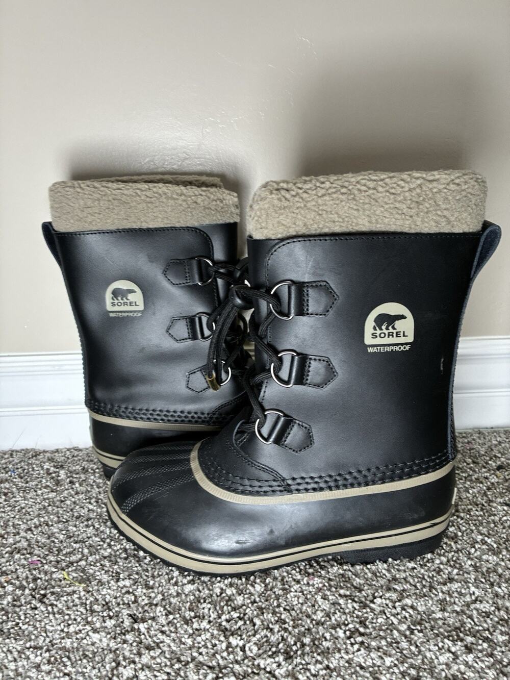 Sorel Youth 6 Waterproof Pac Snow Boots Black Leather Faux Fur NY1880 Winter